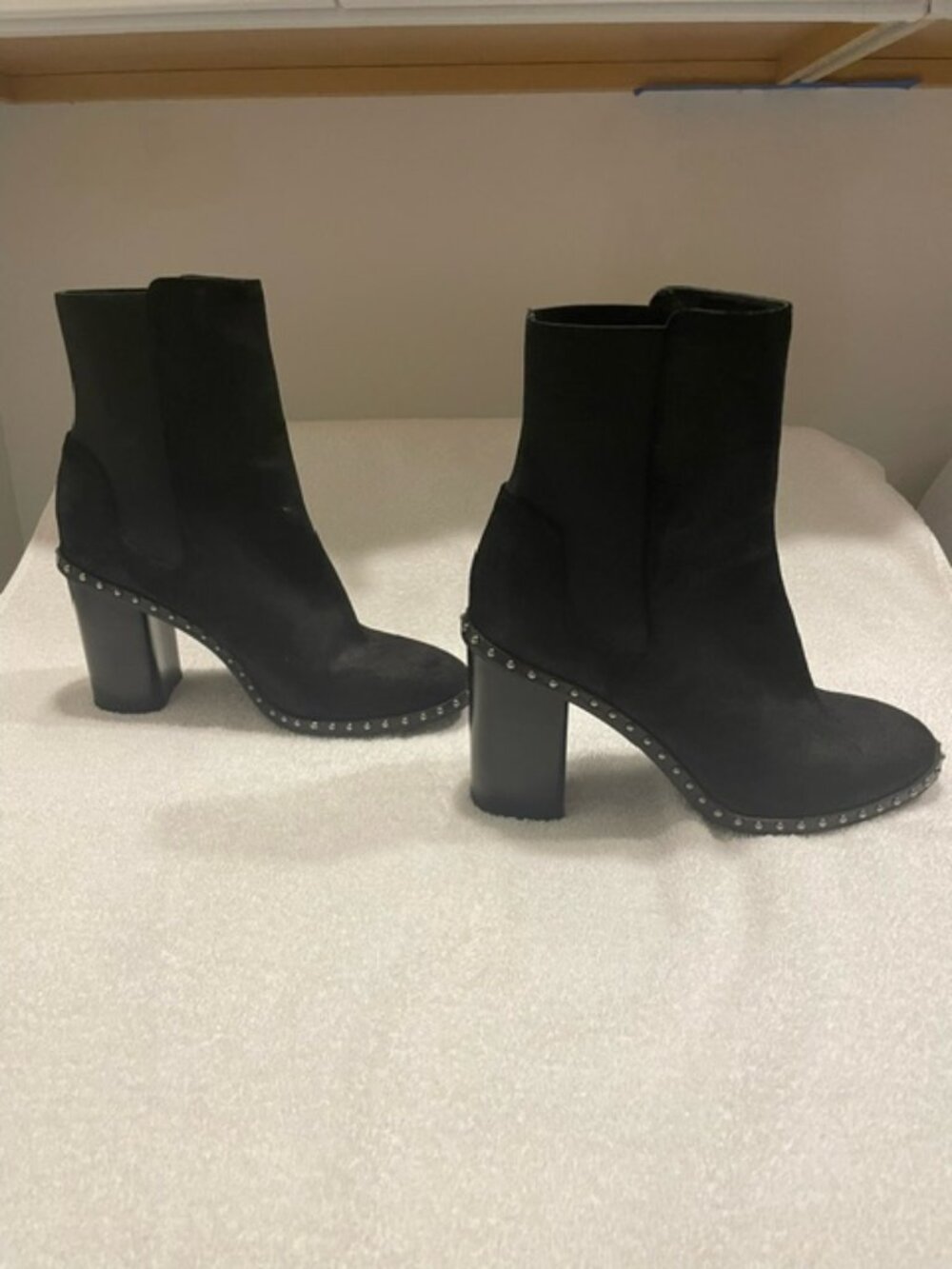 RAG & BONE Romi Black Suede Chelsea Silver Stud Block Heel Bootie, Size 38 1/2
